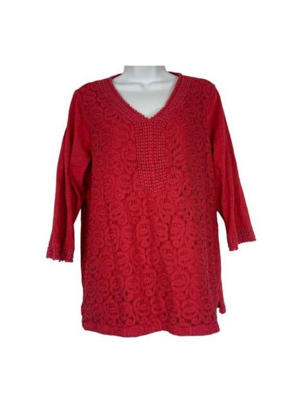 Grayson Womens Red Crochet Lace Tunic Top Size 1X 3/4 Sleeve Cotton Blend